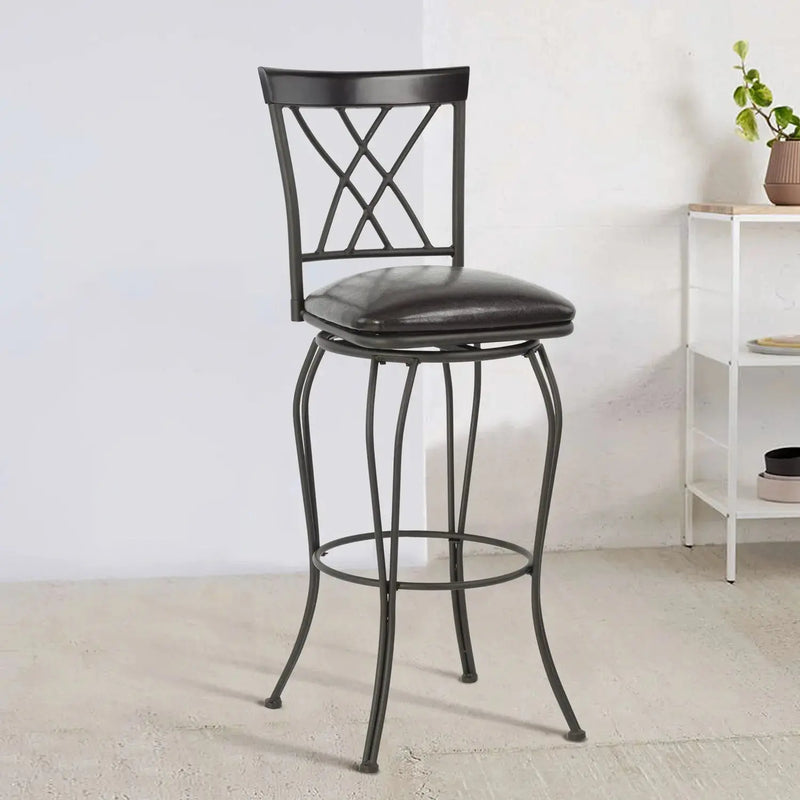 Set of Two 30" Black Faux Leather And Steel Swivel Bar Height Bar Chairs Homeroots Living Room