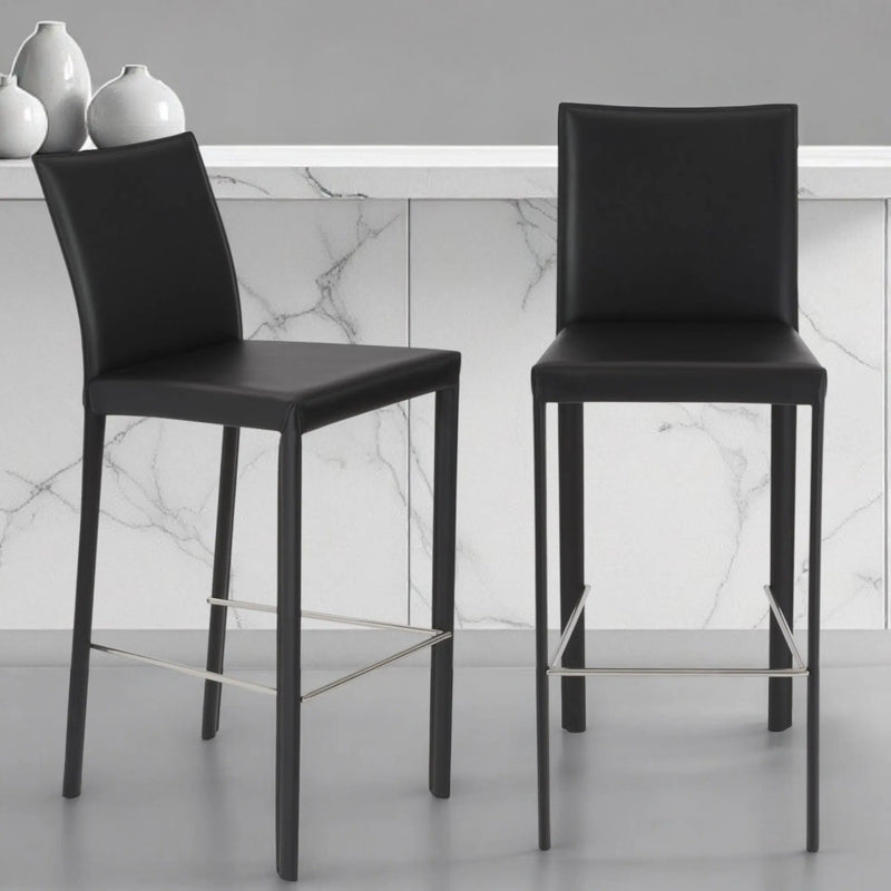 Set of Two 30" Black Faux Leather and Steel Bar Height Bar Chairs Homeroots Living Room