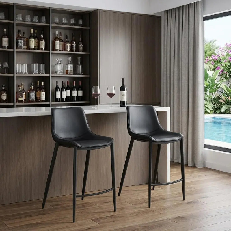 Set of Two 30" Black Faux Leather and Steel Low Back Bar Height Bar Chairs Homeroots Living Room