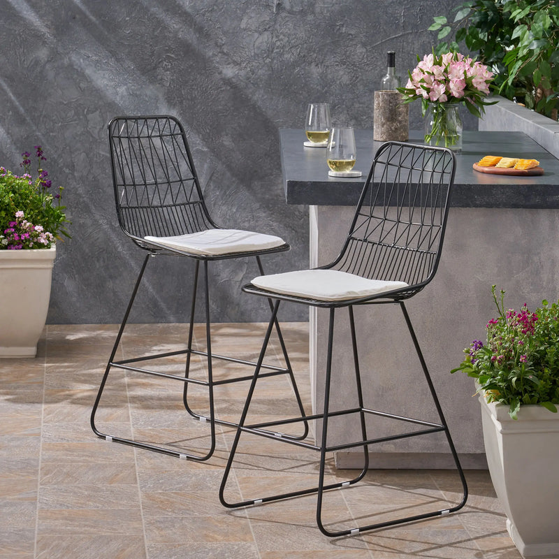 Set of Two 30" Black Iron Outdoor Bar Height Chairs Homeroots Outdoor