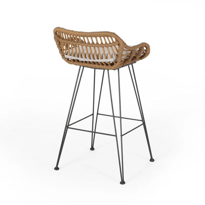 Set of Two 30" Black and Beige Iron Low Back Outdoor Bar Height Chairs Homeroots Outdoor