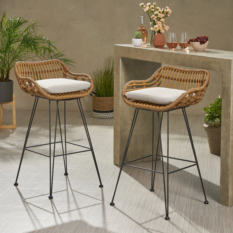 Set of Two 30" Black and Beige Iron Low Back Outdoor Bar Height Chairs Homeroots Outdoor