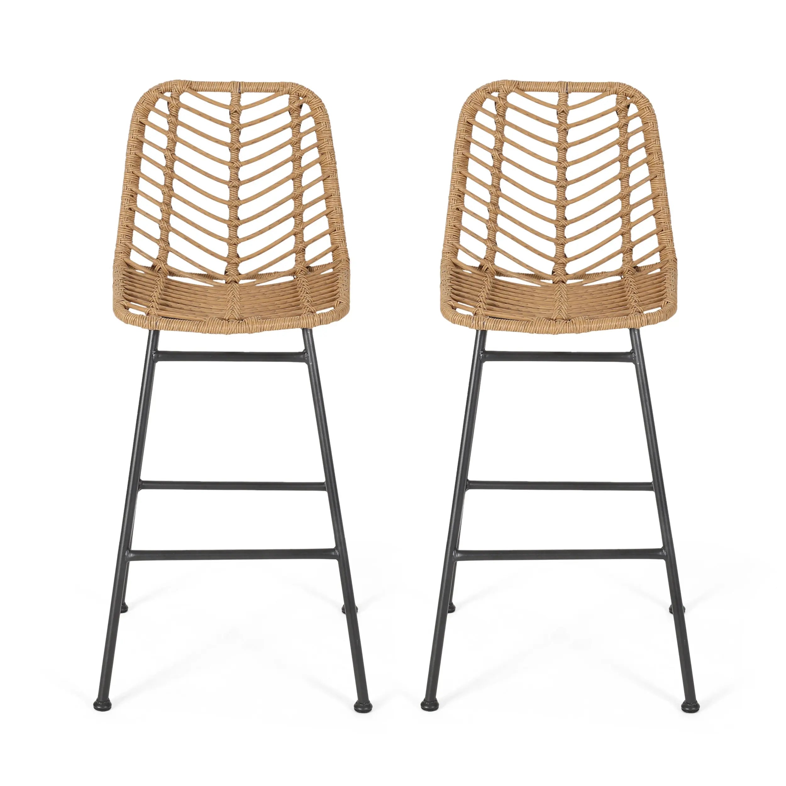 Set of Two 30" Black and Brown Iron Outdoor Bar Height Chairs Homeroots Outdoor