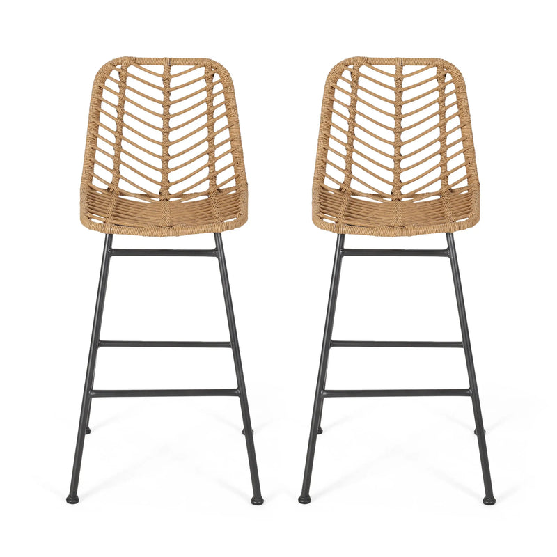 Set of Two 30" Black and Brown Iron Outdoor Bar Height Chairs Homeroots Outdoor