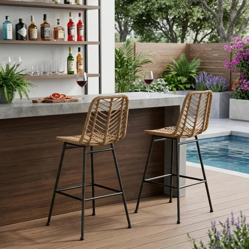 Set of Two 30" Black and Brown Iron Outdoor Bar Height Chairs Homeroots Outdoor