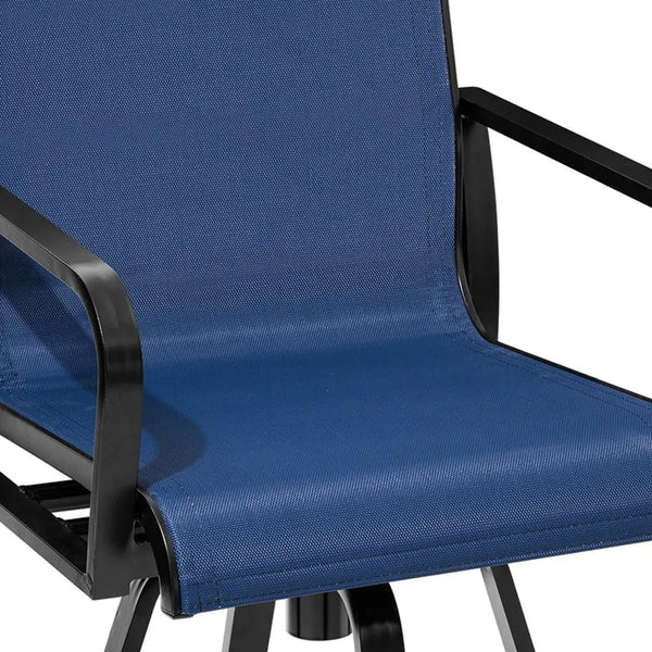 Set of Two 30" Black and Navy Blue Aluminum Swivel Outdoor Bar Height Chairs Homeroots Outdoor