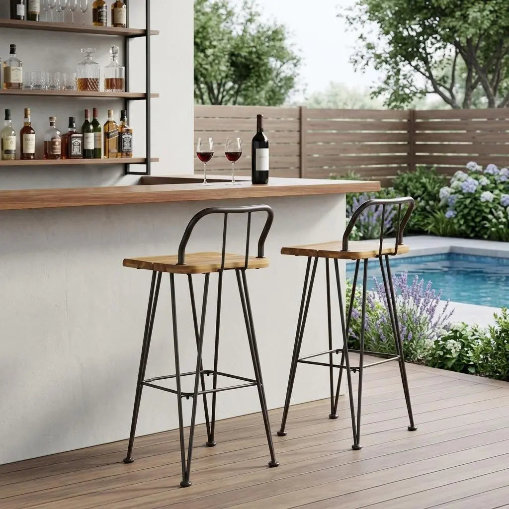 Set of Two 30" Brown and Natural Solid Wood Low Back Outdoor Bar Height Chairs Homeroots Outdoor