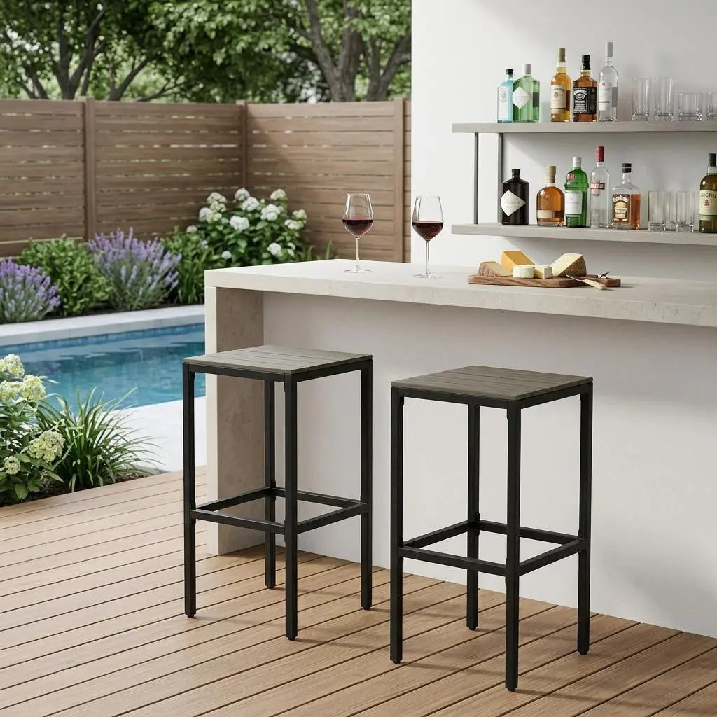Set of Two 30" Gray Solid Wood Backless Outdoor Bar Height Chairs Homeroots Outdoor