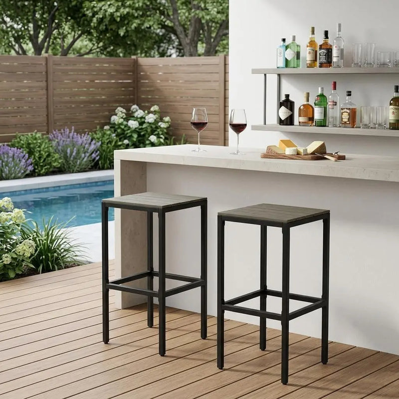 Set of Two 30" Gray Solid Wood Backless Outdoor Bar Height Chairs Homeroots Outdoor
