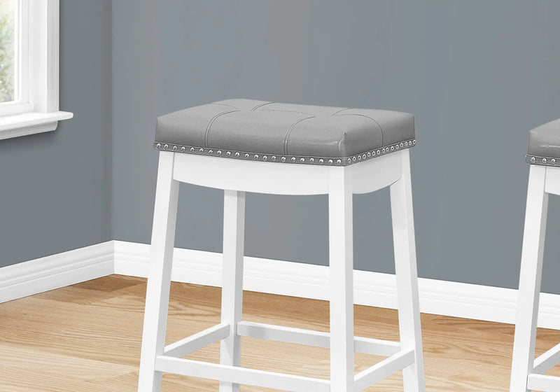 Set of Two 30" Gray and White Faux Leather and Solid Wood Backless Bar Height Bar Chairs Homeroots Living Room
