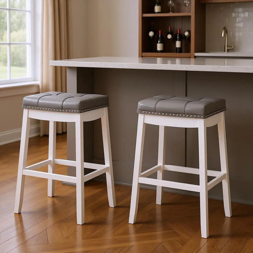 Set of Two 30" Gray and White Faux Leather and Solid Wood Backless Bar Height Bar Chairs Homeroots Living Room