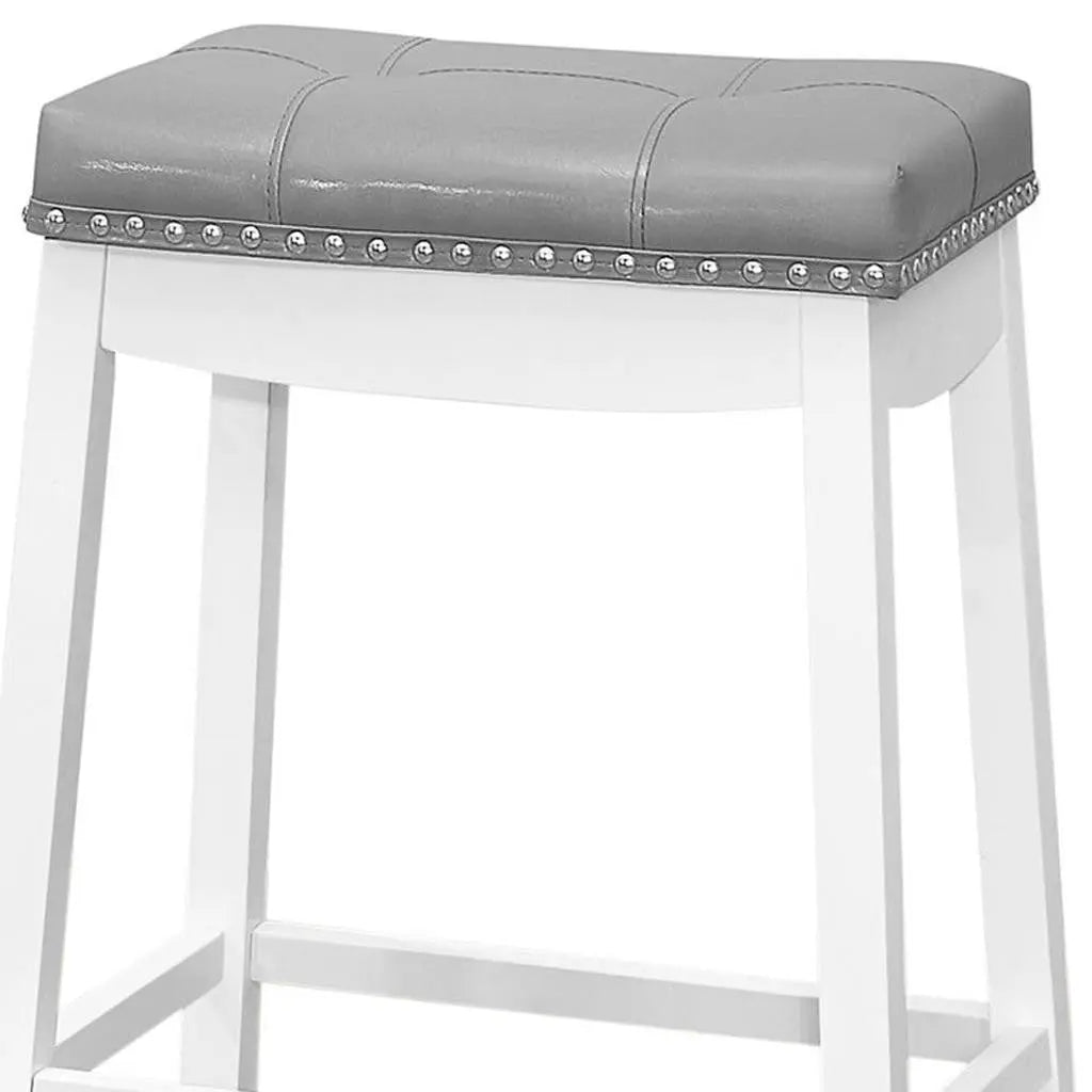 Set of Two 30" Gray and White Faux Leather and Solid Wood Backless Bar Height Bar Chairs Homeroots Living Room