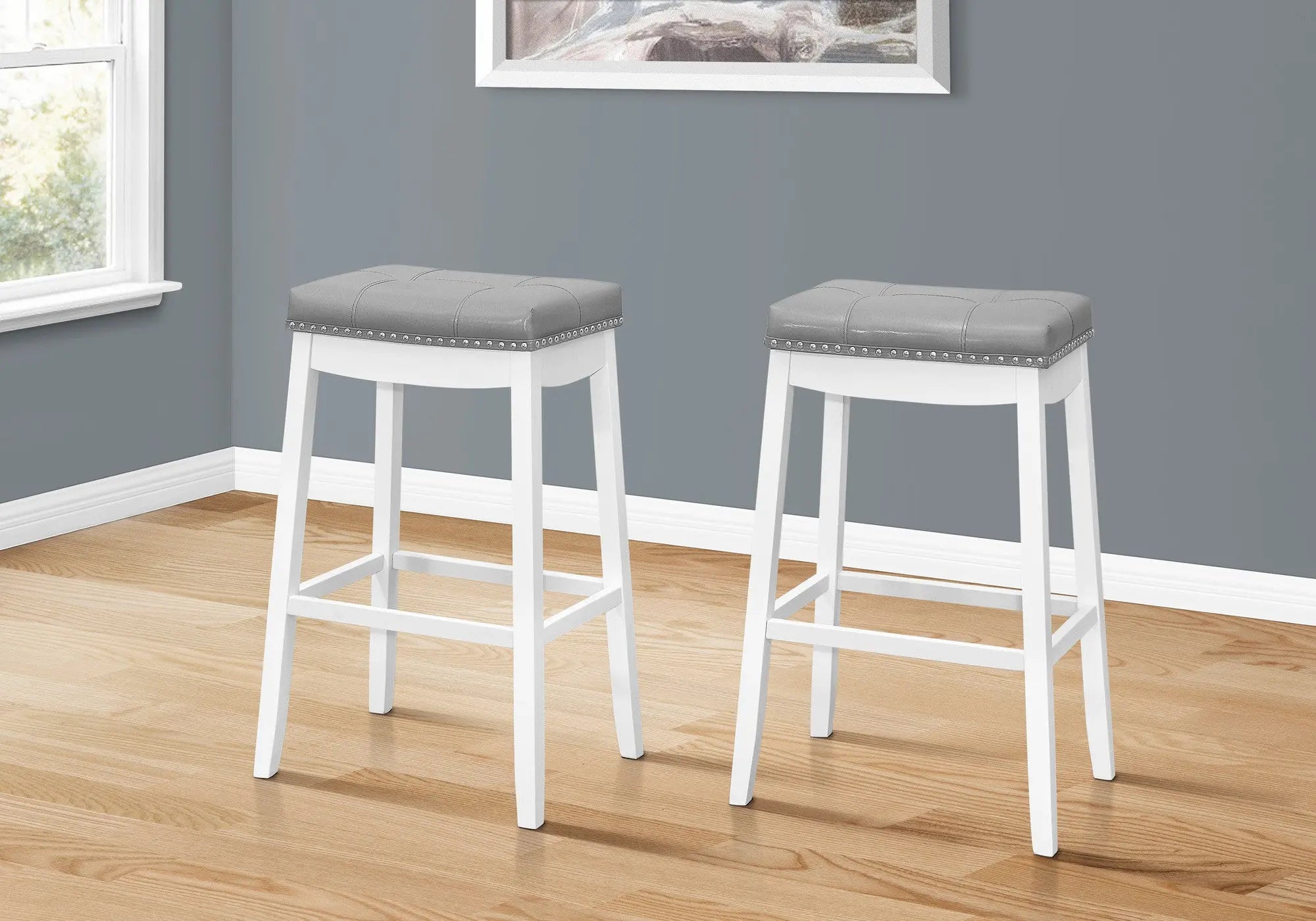 Set of Two 30" Gray and White Faux Leather and Solid Wood Backless Bar Height Bar Chairs Homeroots Living Room