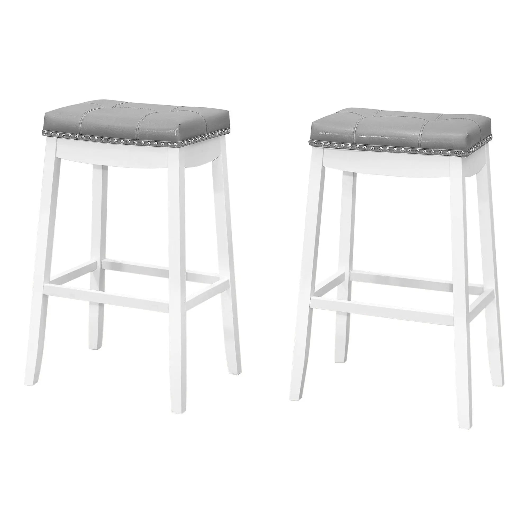 Set of Two 30" Gray and White Faux Leather and Solid Wood Backless Bar Height Bar Chairs Homeroots Living Room