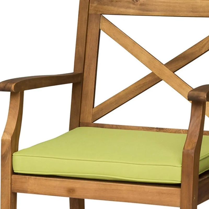 Set of Two 30" Natural and Green Solid Wood Outdoor Bar Height Chairs Homeroots Outdoor