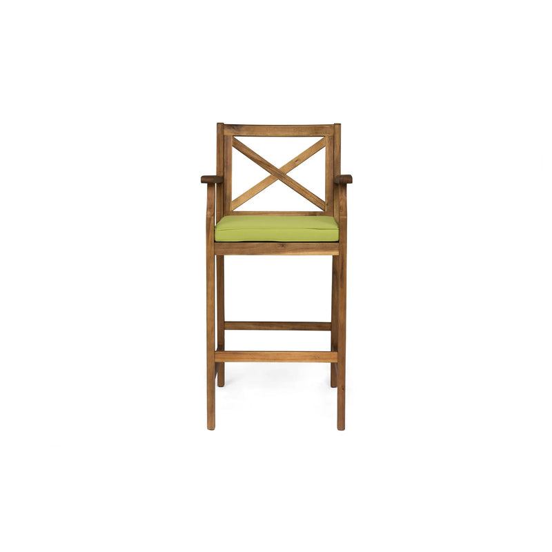 Set of Two 30" Natural and Green Solid Wood Outdoor Bar Height Chairs Homeroots Outdoor