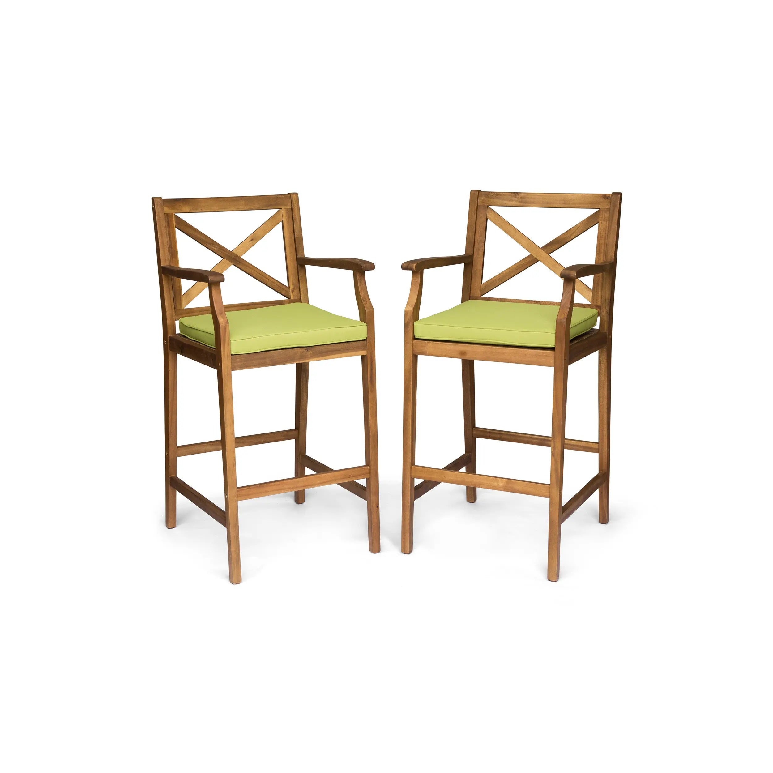 Set of Two 30" Natural and Green Solid Wood Outdoor Bar Height Chairs Homeroots Outdoor