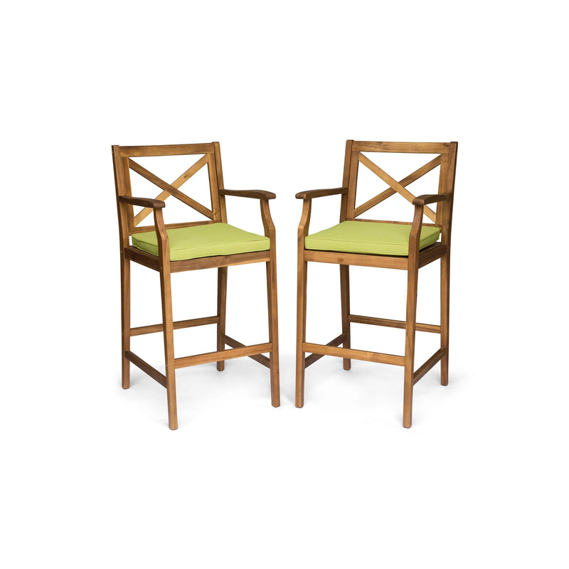 Set of Two 30" Natural and Green Solid Wood Outdoor Bar Height Chairs Homeroots Outdoor