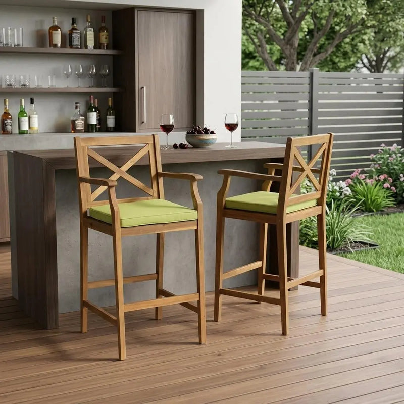 Set of Two 30" Natural and Green Solid Wood Outdoor Bar Height Chairs Homeroots Outdoor