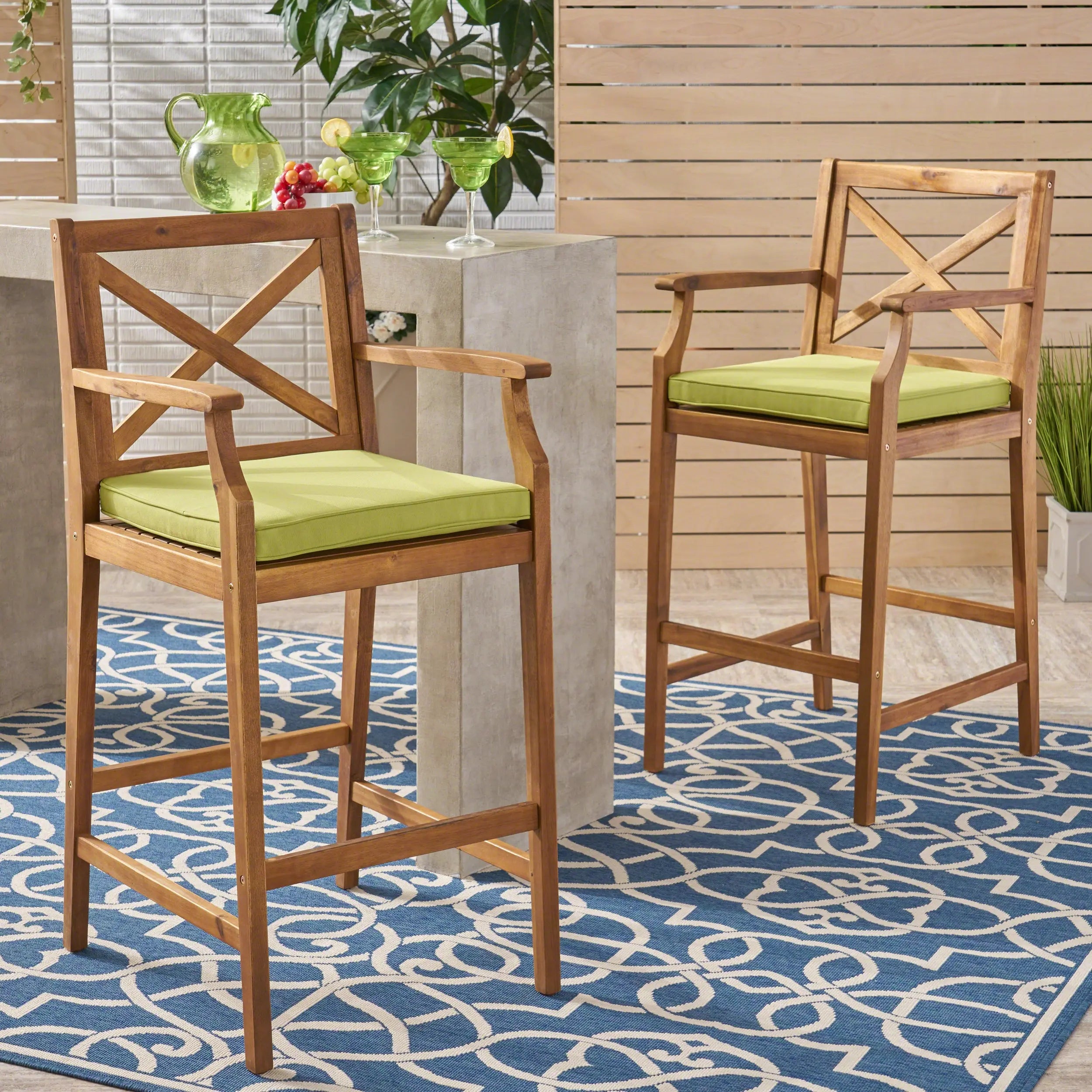 Set of Two 30" Natural and Green Solid Wood Outdoor Bar Height Chairs Homeroots Outdoor