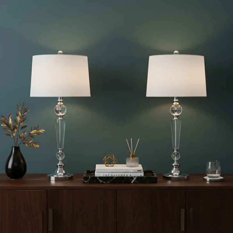 Set of Two 31" Clear And Silver Table Lamps With Drum Shades Homeroots Lighting