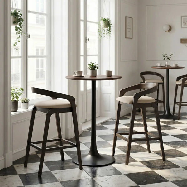 Set of Two 31" Gray and Espresso Fabric and Solid Wood Low Back Bar Height Bar Chairs Homeroots Living Room