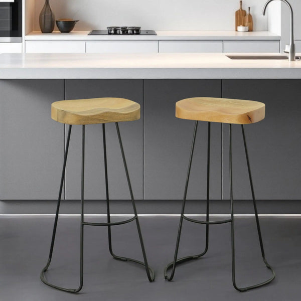 Set of Two 31" Natural and Black Solid Wood and Steel Backless Bar Height Bar Chairs Homeroots Living Room