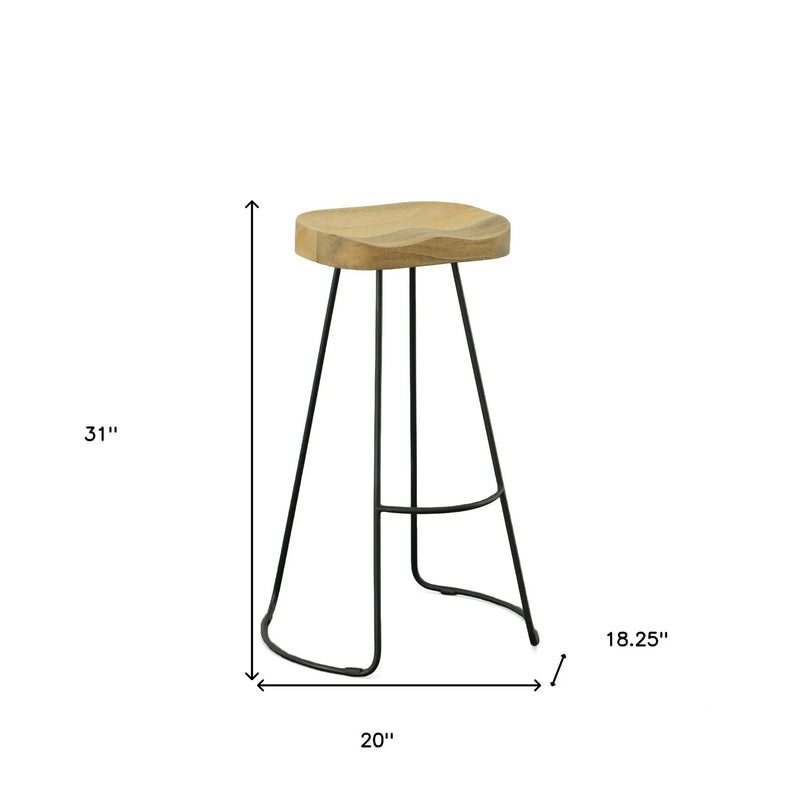 Set of Two 31" Natural and Black Solid Wood and Steel Backless Bar Height Bar Chairs Homeroots Living Room