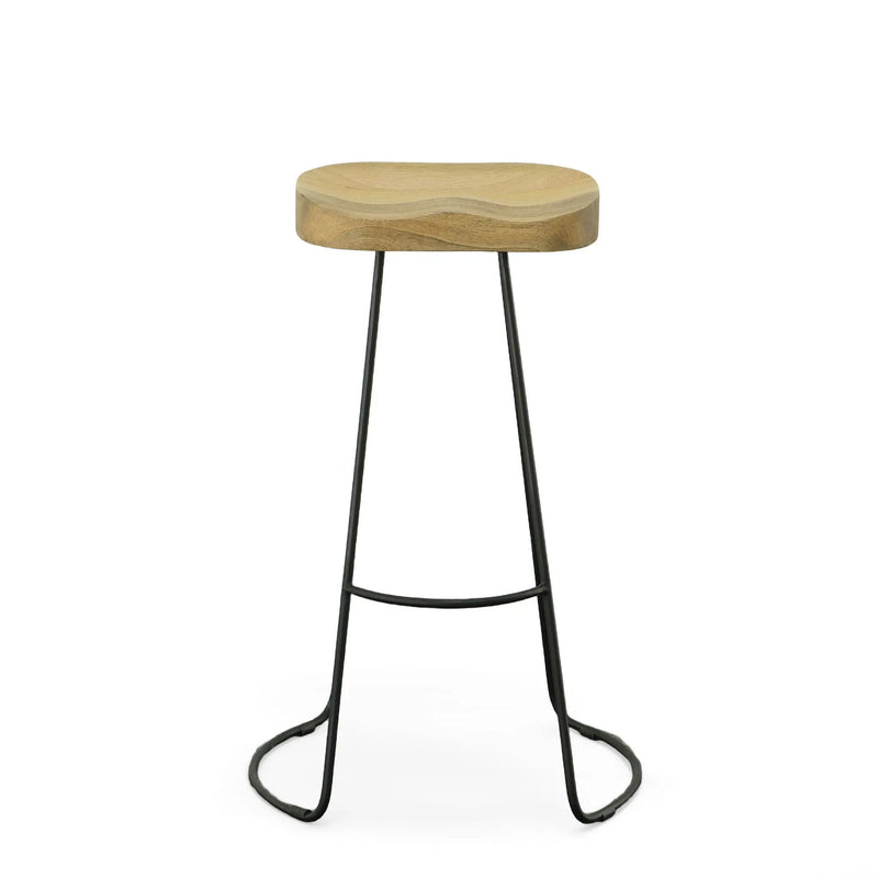 Set of Two 31" Natural and Black Solid Wood and Steel Backless Bar Height Bar Chairs Homeroots Living Room