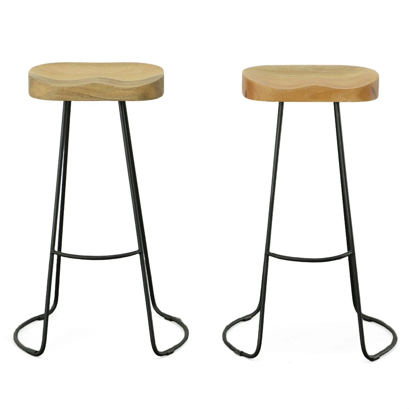 Set of Two 31" Natural and Black Solid Wood and Steel Backless Bar Height Bar Chairs Homeroots Living Room