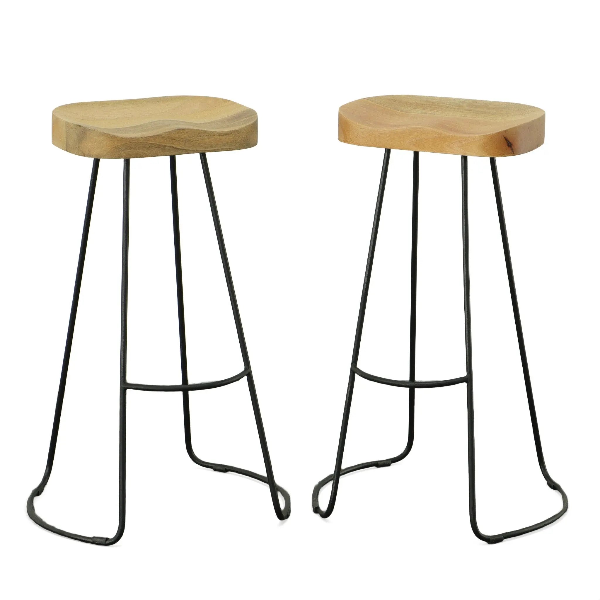 Set of Two 31" Natural and Black Solid Wood and Steel Backless Bar Height Bar Chairs Homeroots Living Room