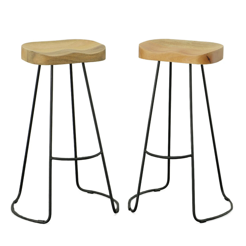 Set of Two 31" Natural and Black Solid Wood and Steel Backless Bar Height Bar Chairs Homeroots Living Room