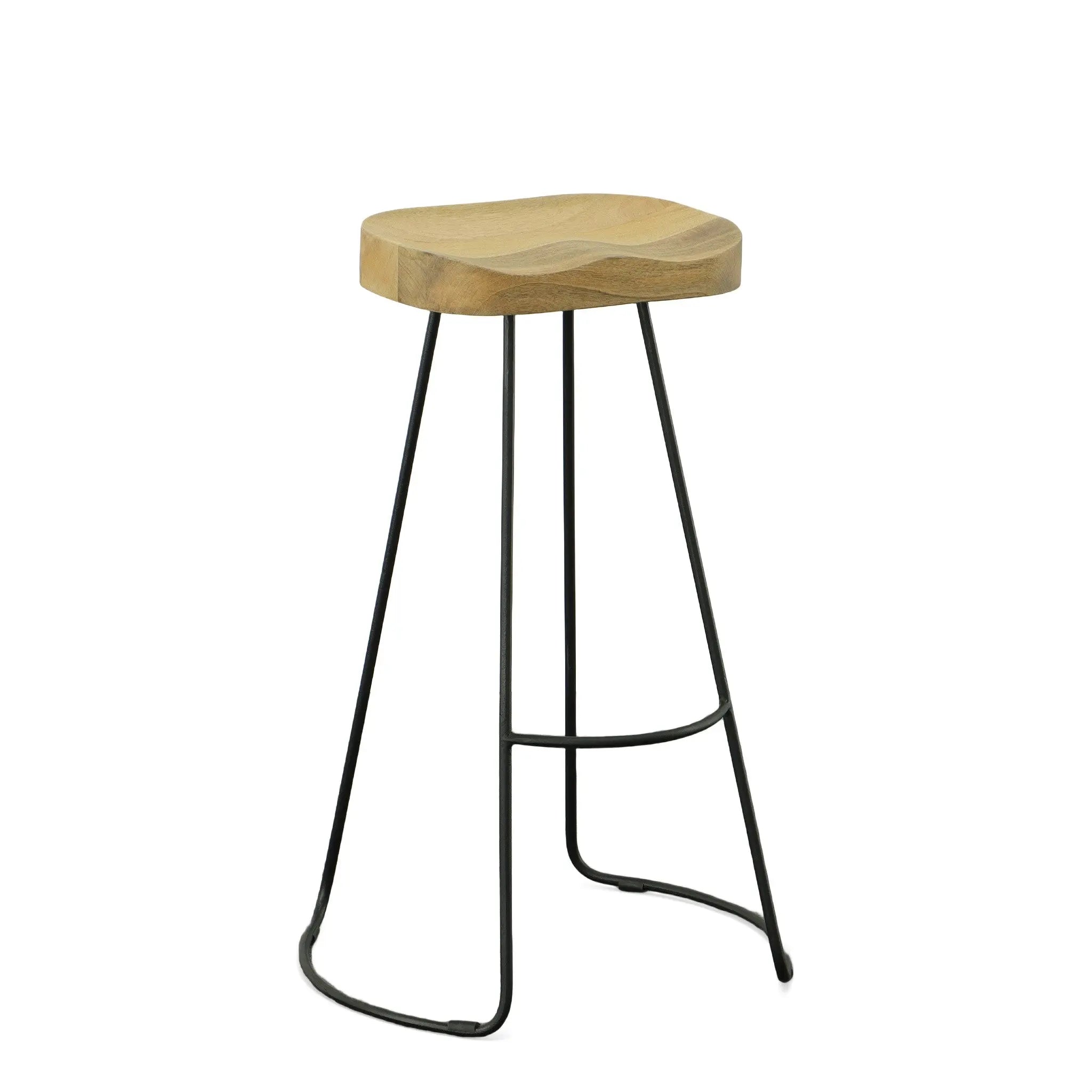 Set of Two 31" Natural and Black Solid Wood and Steel Backless Bar Height Bar Chairs Homeroots Living Room