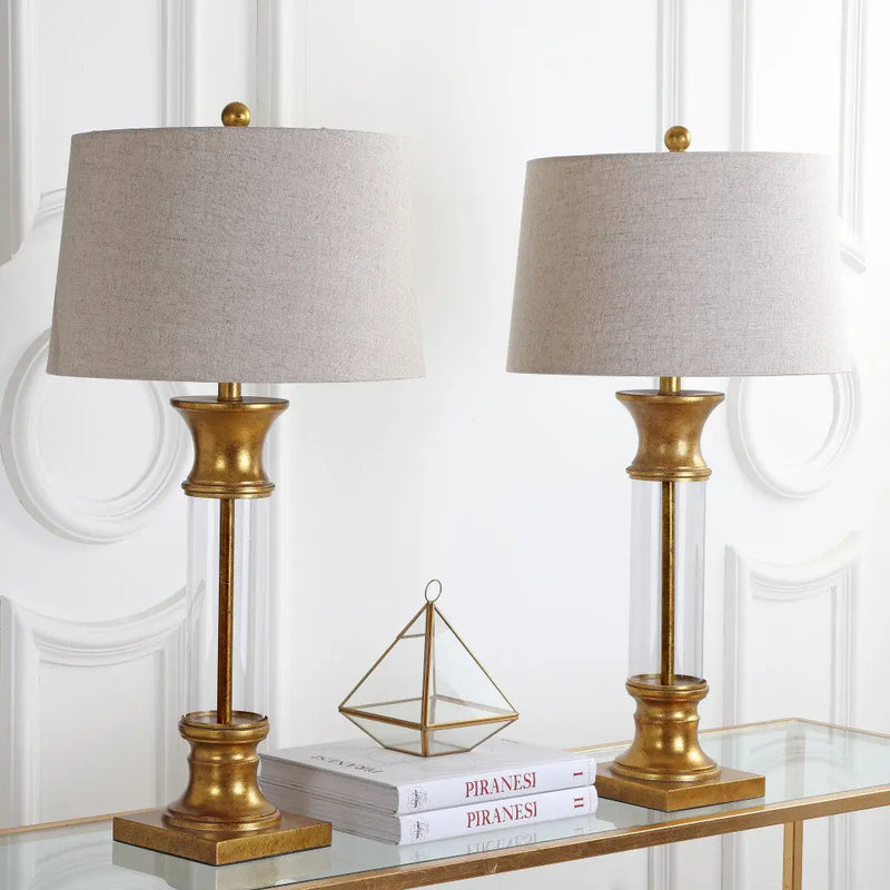 Set of Two 32" Gold Novelty Table Lamps With Drum Shades Homeroots Lighting