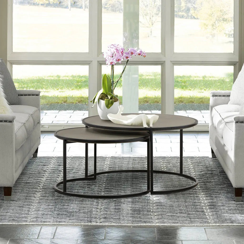 Set of Two 32" Gray And Black Concrete And Metal Round Nested Coffee Tables Homeroots Living Room