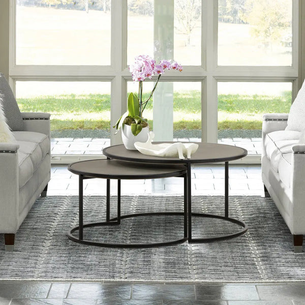 Set of Two 32" Gray And Black Concrete And Metal Round Nested Coffee Tables Homeroots Living Room