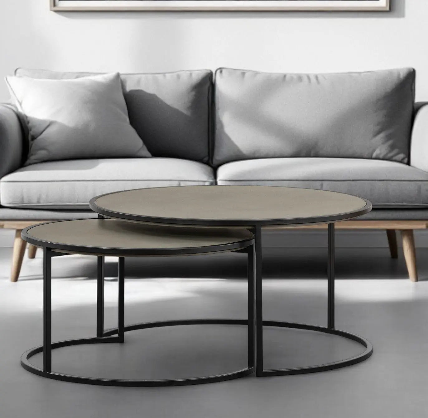 Set of Two 32" Gray And Black Concrete And Metal Round Nested Coffee Tables Homeroots Living Room