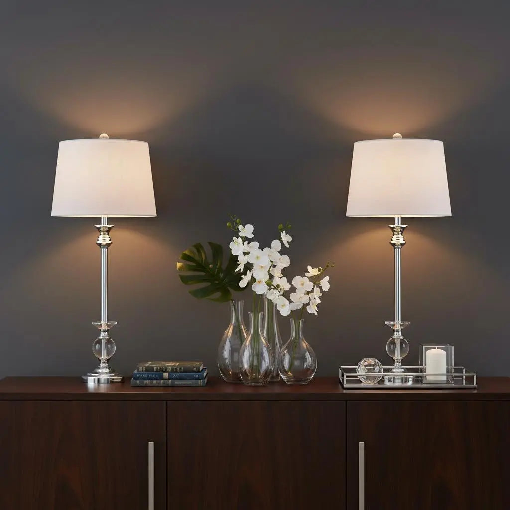 Set of Two 33" Silver Table Lamps With Drum Shades Homeroots Lighting