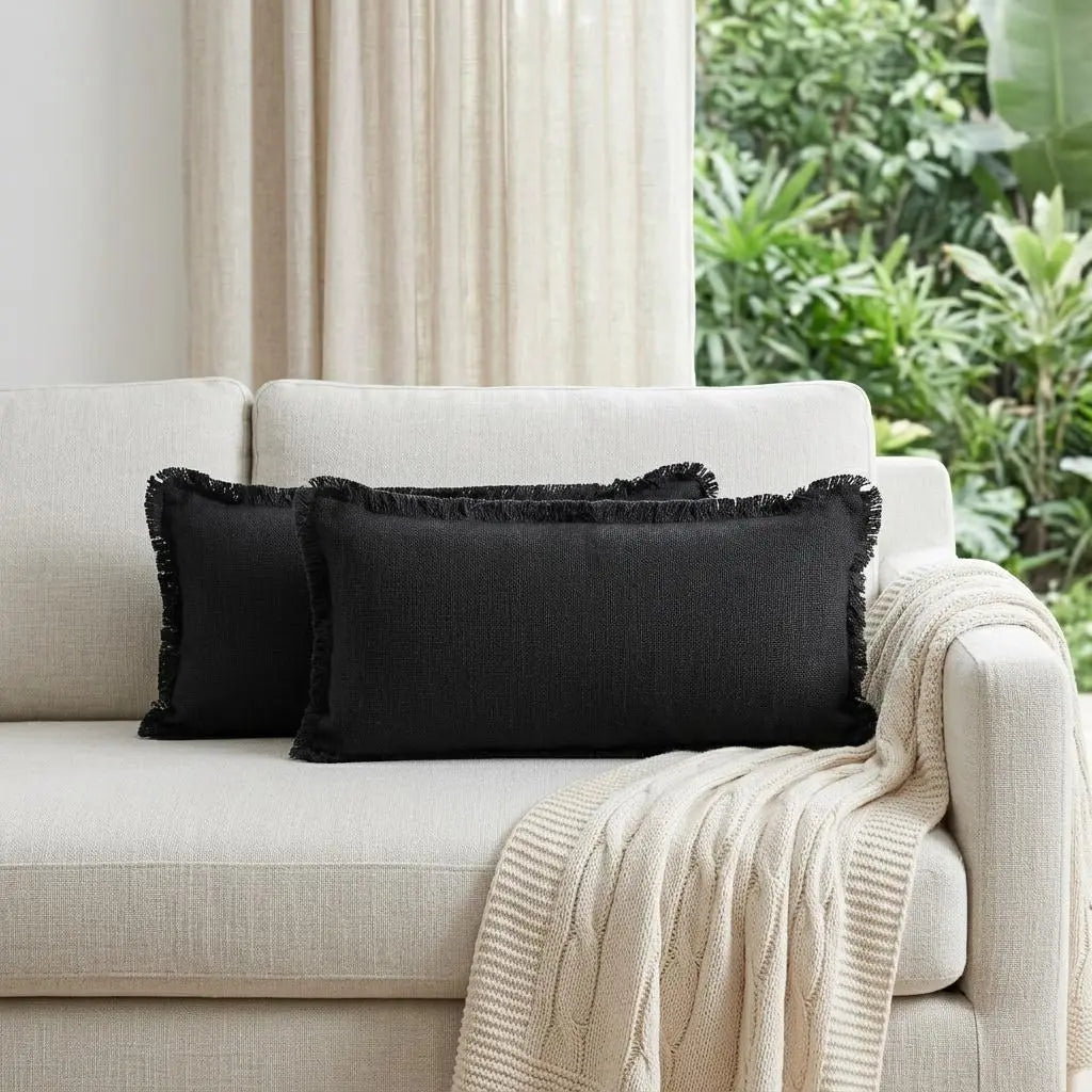 Set of Two 36" X 14" Jet And Black Lumbar Striped Cotton Throw Pillow Covers Homeroots Home Decor