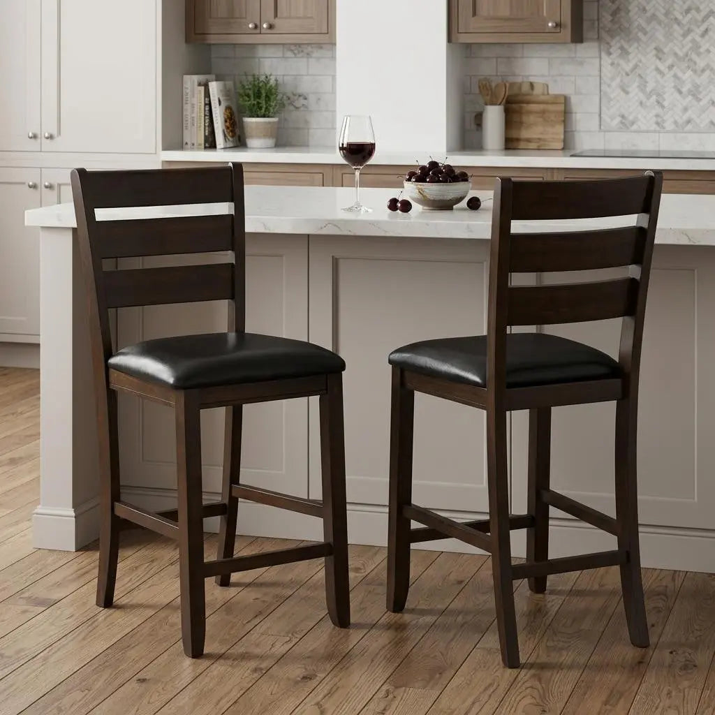 Set of Two 41" Black and Brown Faux Leather and Solid Wood Counter Height Bar Chairs Homeroots Living Room