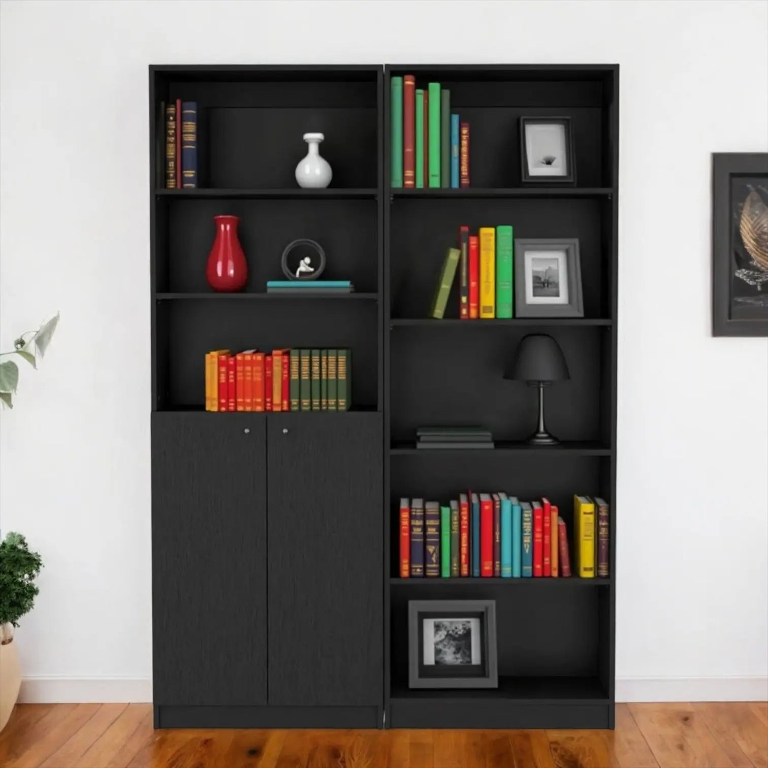 Set of Two 71" Black Five Tier Bookcase With Two Doors Homeroots Office