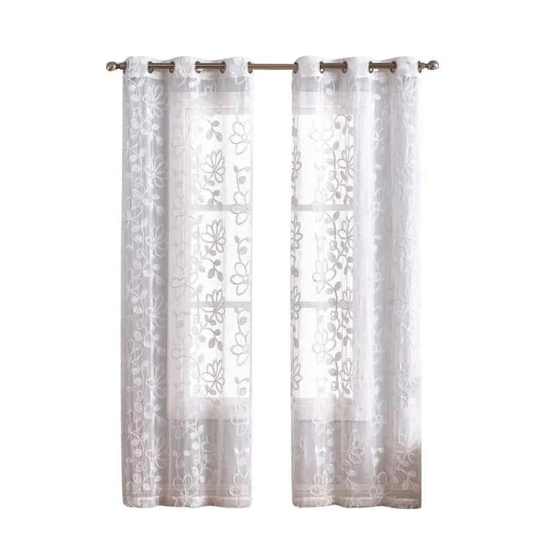 Set of Two 96" White Floral Embroidered Window Panels Homeroots Home Decor