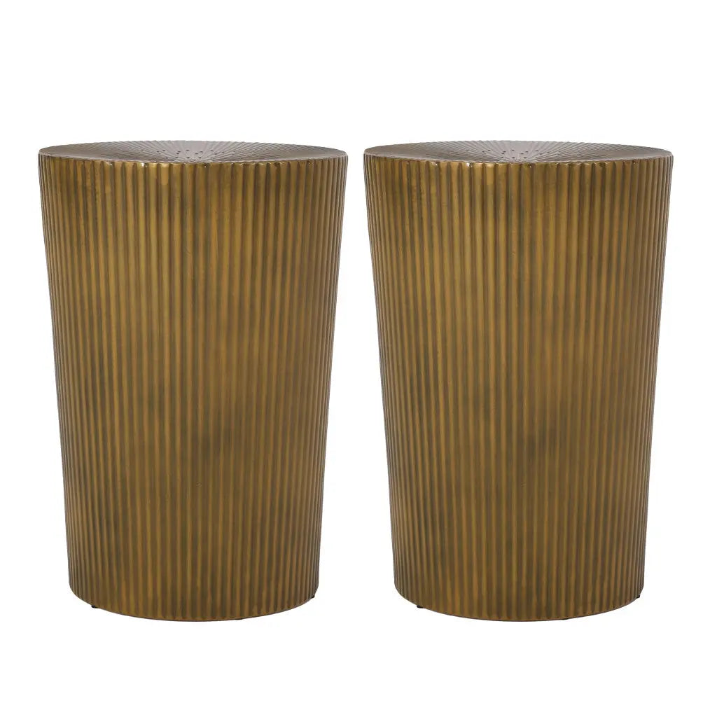 Set of Two Antique Gold Iron Round Drum End Tables Homeroots Living Room