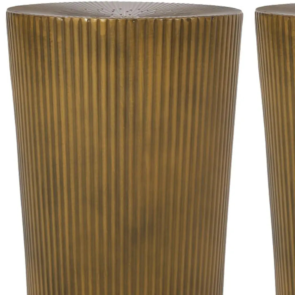 Set of Two Antique Gold Iron Round Drum End Tables Homeroots Living Room