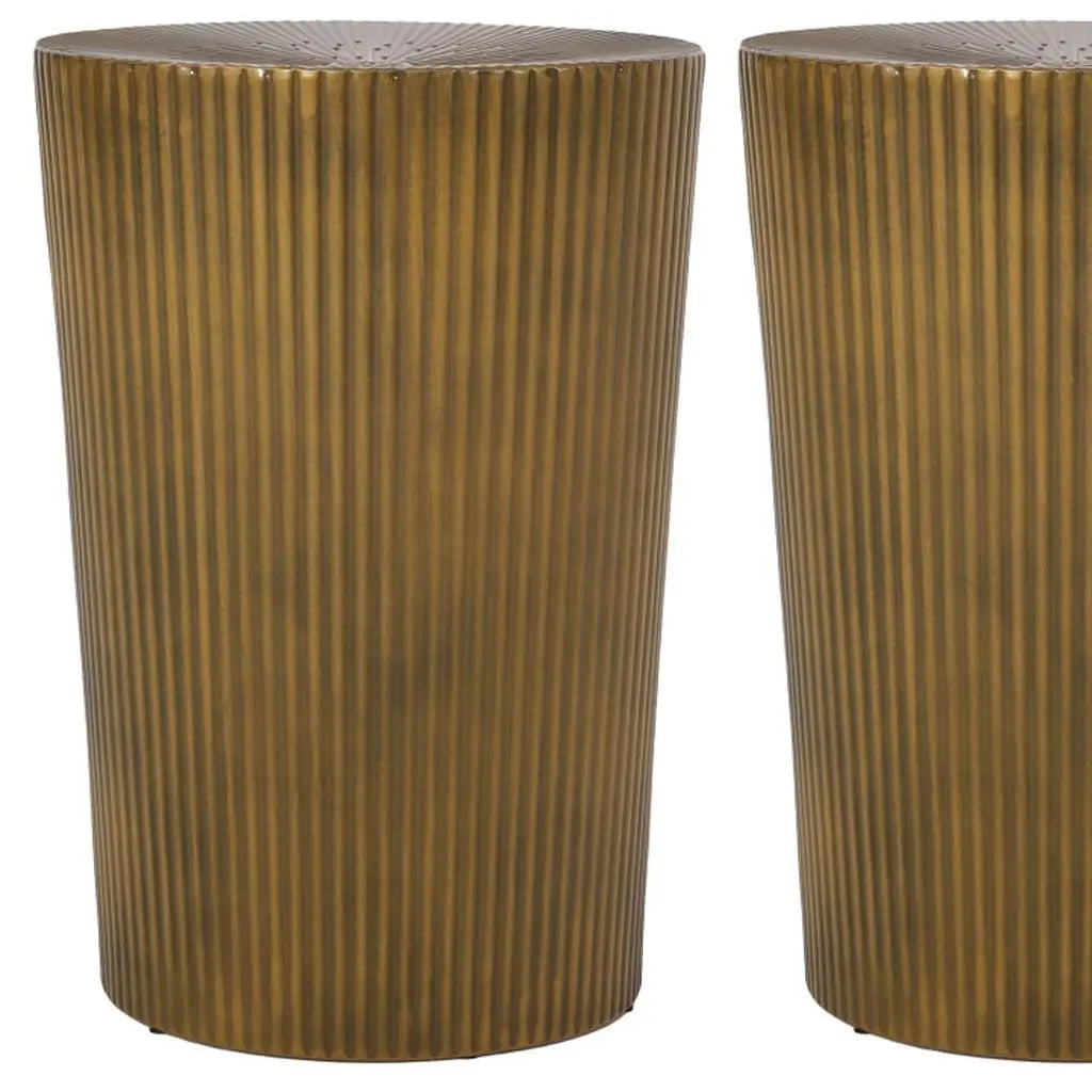 Set of Two Antique Gold Iron Round Drum End Tables Homeroots Living Room