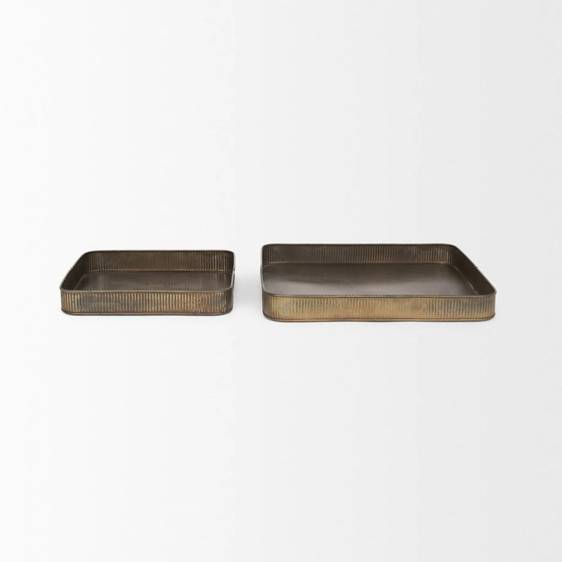 Set of Two Antiqued Brass Metal Handmade Serving Tray Homeroots Kitchen & Dining