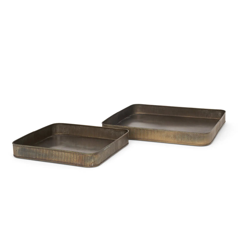 Set of Two Antiqued Brass Metal Handmade Serving Tray Homeroots Kitchen & Dining