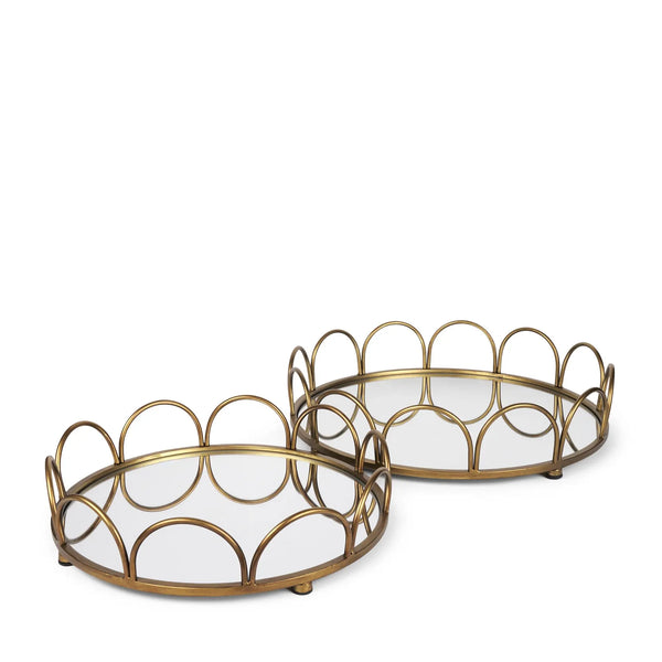 Set of Two Antiqued Gold Metal And Mirrored Glass Round Vanity Trays Homeroots Kitchen & Dining