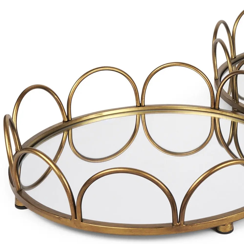 Set of Two Antiqued Gold Metal And Mirrored Glass Round Vanity Trays Homeroots Kitchen & Dining