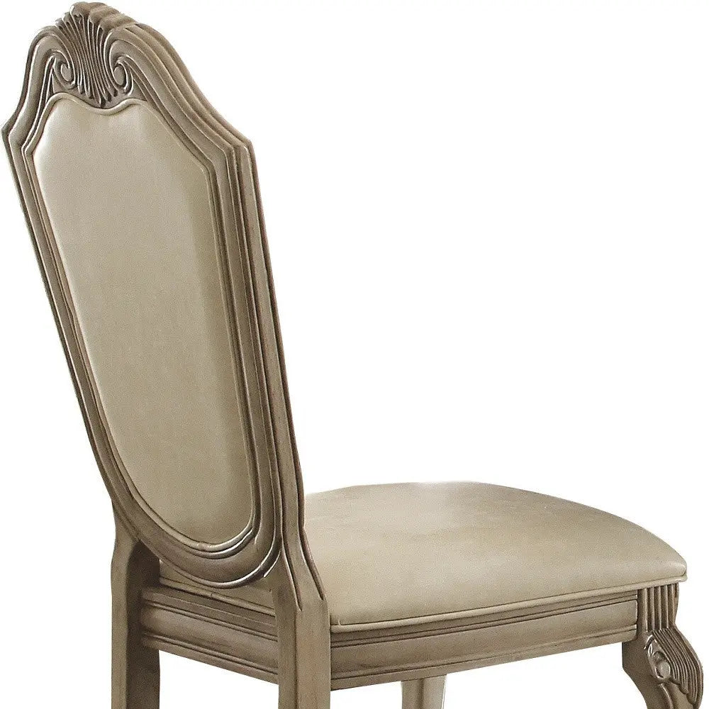 Set of Two Antiqued White Upholstered Faux Leather Dining Side Chairs Homeroots Kitchen & Dining